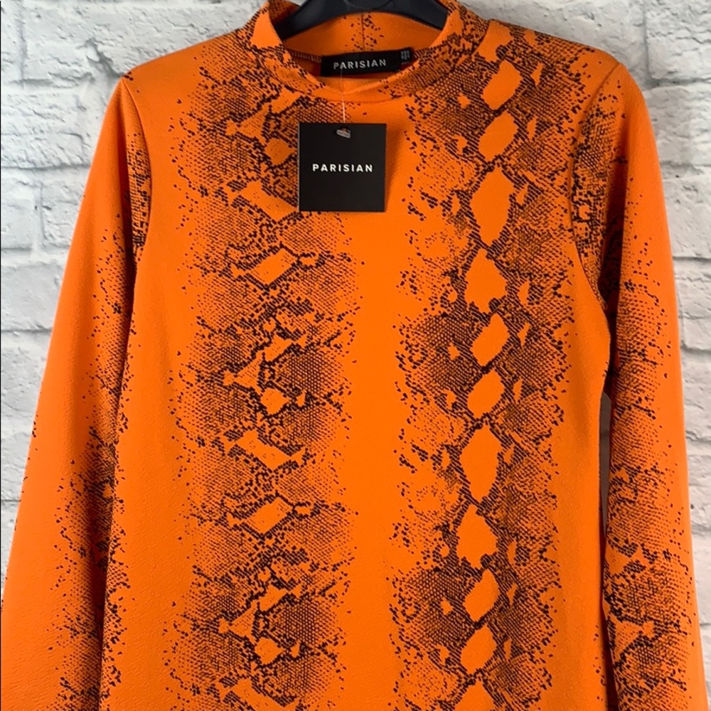 NWT Orange Snake Print High Neck Bodycon Dress - Picture 3 of 6